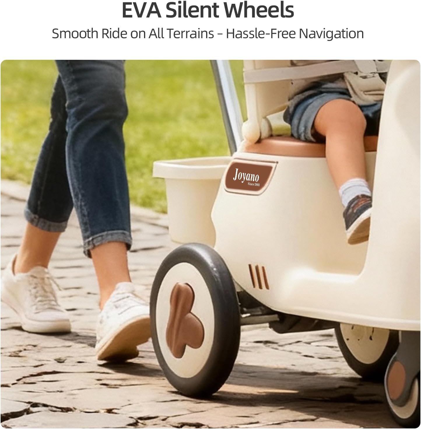 Kid's Rocking Pushchair/Ride-On Parent Push Car with Canopy, Music, Adjustable Handle, and Safety Features for Ages 12-60 Months Cream White with Olive Brown Accents