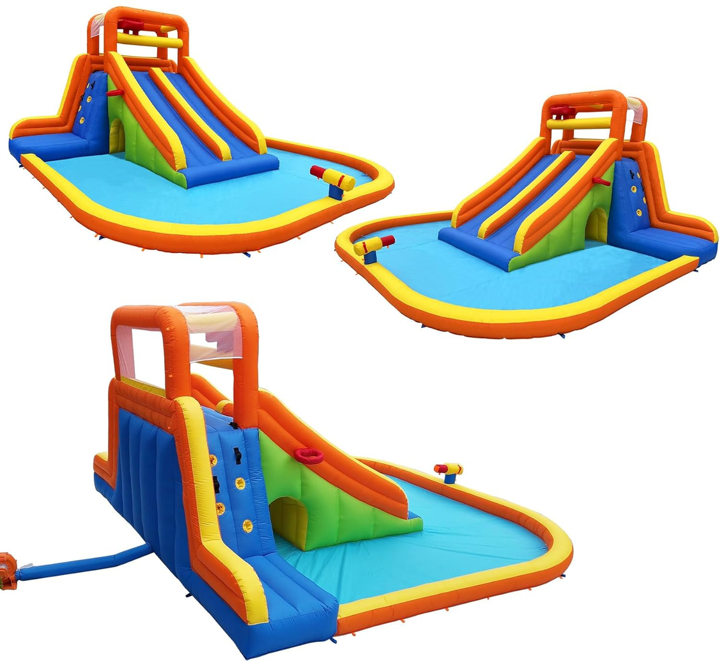 Inflatable Water Slide, Mega Bounce House Water Park with Long Dual Slide, 2 Climbing Walls, 2 Basketball Hoops, Large Splash Pool, 15.6 x 15 x 8.7FT Blow up WaterSlides with Blower