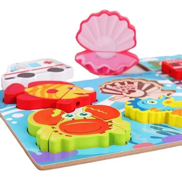 Wooden Chunkey Sea Animal Puzzle With Lacing Board - EKT3327