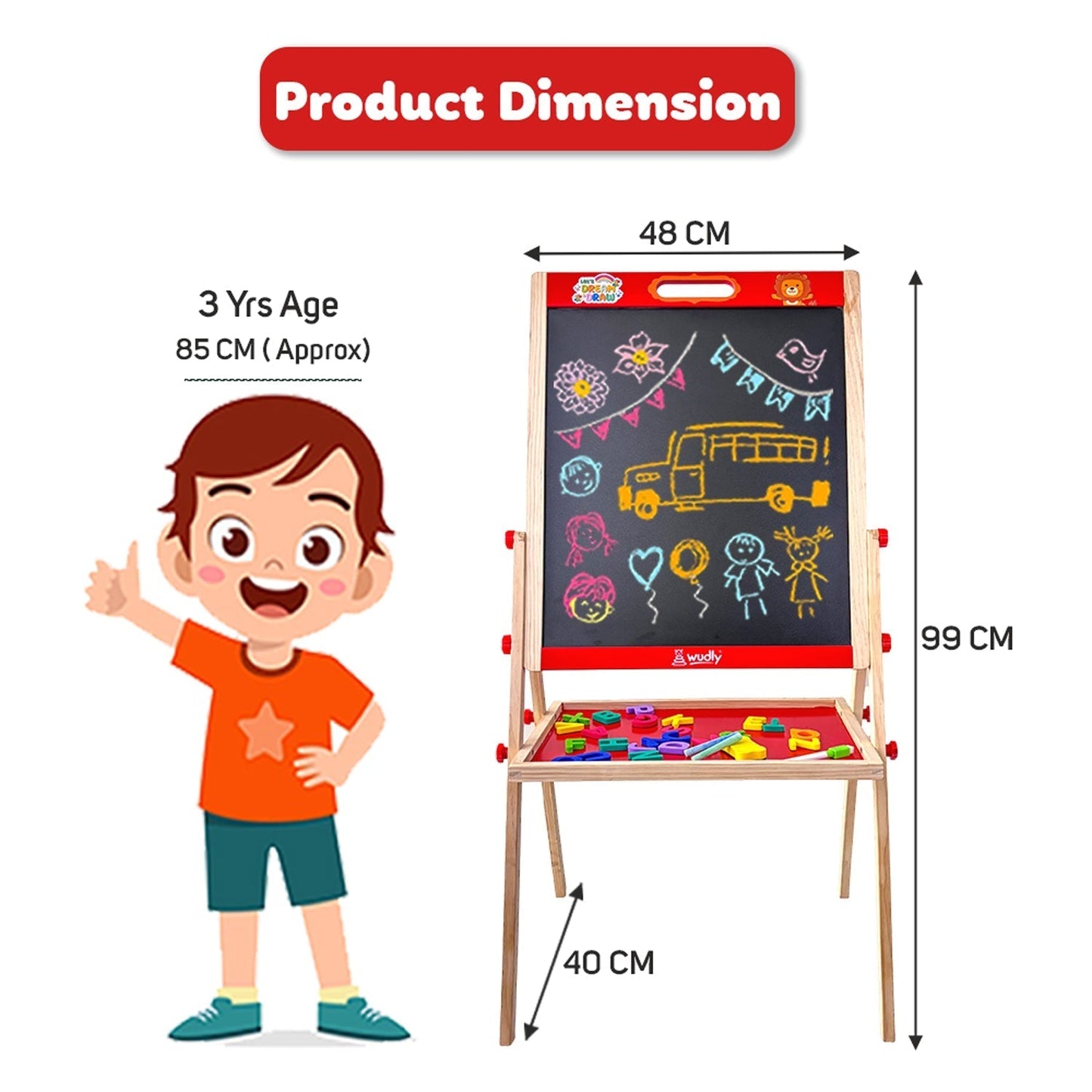 3-in-1 Wooden Easel Board for Kids | Black Surface, White Panel, Chalk Writing Display - EKT3824