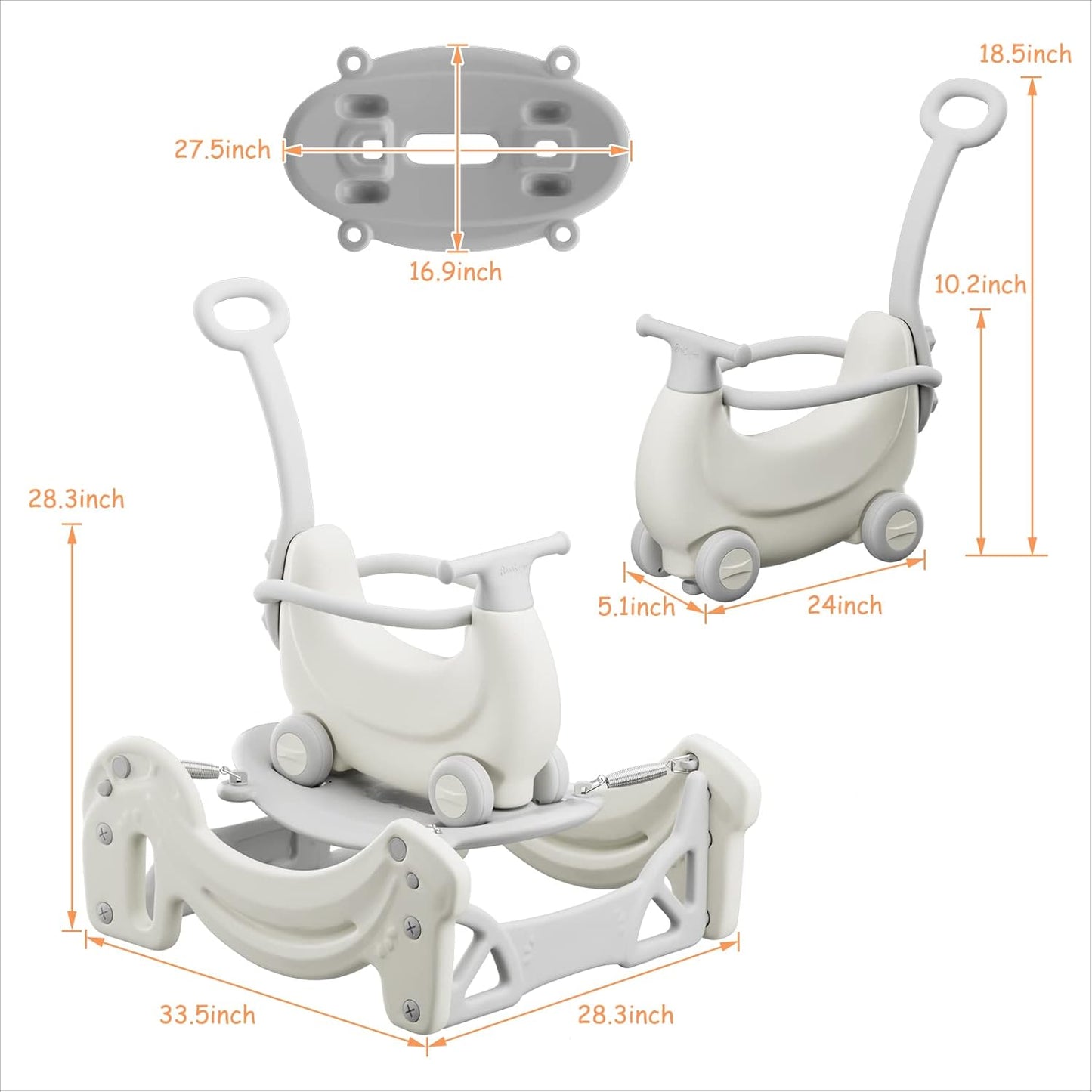 BanaSuper 5-in-1 Kids Rocking Horse Grey Multifunctional Ride-on Toy for Toddlers Trampoline Push Walker Scooter Balance Board Indoor and Outdoor Play Gym Gift for Boys and Girls