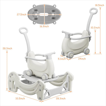 BanaSuper 5-in-1 Kids Rocking Horse Grey Multifunctional Ride-on Toy for Toddlers Trampoline Push Walker Scooter Balance Board Indoor and Outdoor Play Gym Gift for Boys and Girls