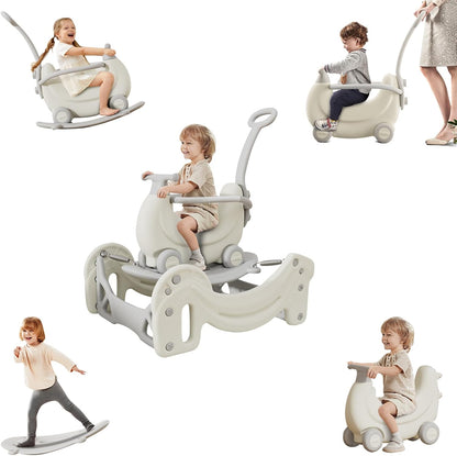 BanaSuper 5-in-1 Kids Rocking Horse Grey Multifunctional Ride-on Toy for Toddlers Trampoline Push Walker Scooter Balance Board Indoor and Outdoor Play Gym Gift for Boys and Girls