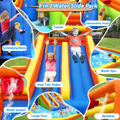 Inflatable Water Slide, Mega Bounce House Water Park with Long Dual Slide, 2 Climbing Walls, 2 Basketball Hoops, Large Splash Pool, 15.6 x 15 x 8.7FT Blow up WaterSlides with Blower