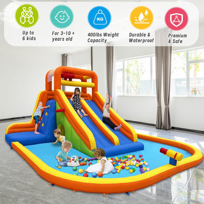 Inflatable Water Slide, Mega Bounce House Water Park with Long Dual Slide, 2 Climbing Walls, 2 Basketball Hoops, Large Splash Pool, 15.6 x 15 x 8.7FT Blow up WaterSlides with Blower