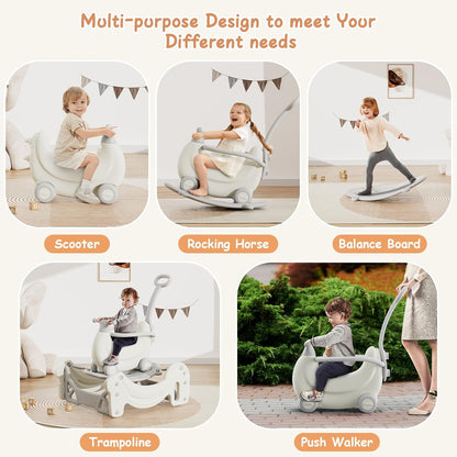 BanaSuper 5-in-1 Kids Rocking Horse Grey Multifunctional Ride-on Toy for Toddlers Trampoline Push Walker Scooter Balance Board Indoor and Outdoor Play Gym Gift for Boys and Girls
