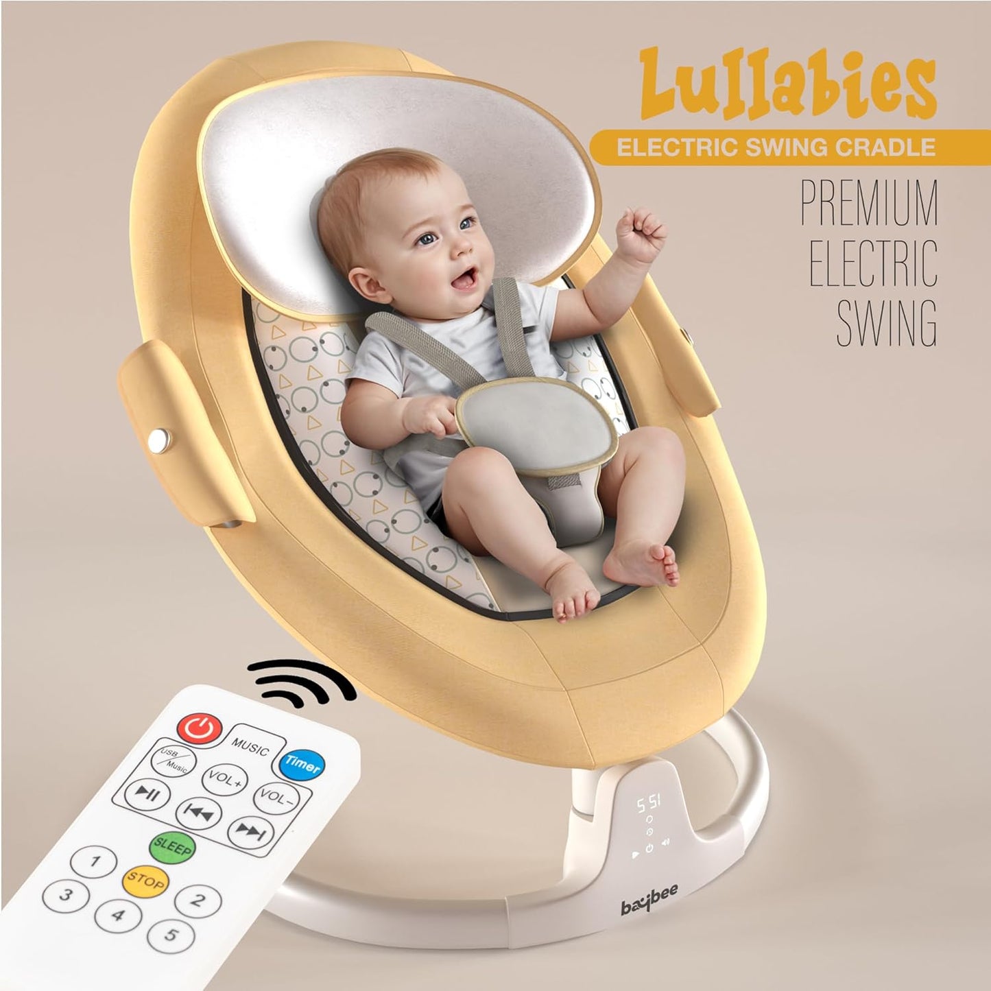 BAYBEE Lullabies Automatic Electric Baby Swing Cradle for Baby with Adjustable Swing Speed, Recline, Remote | Baby Rocker with Mosquito Net, Safety Belt, Music, & Toys | Swing for Baby (Yellow)