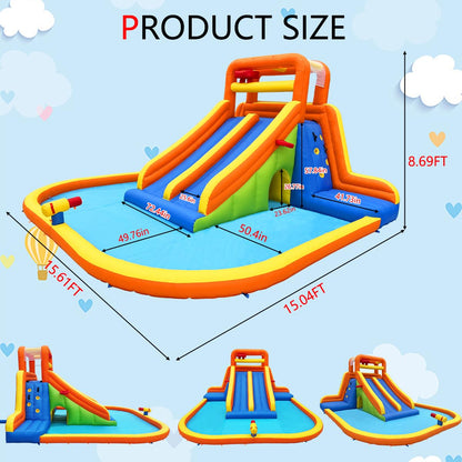 Inflatable Water Slide, Mega Bounce House Water Park with Long Dual Slide, 2 Climbing Walls, 2 Basketball Hoops, Large Splash Pool, 15.6 x 15 x 8.7FT Blow up WaterSlides with Blower