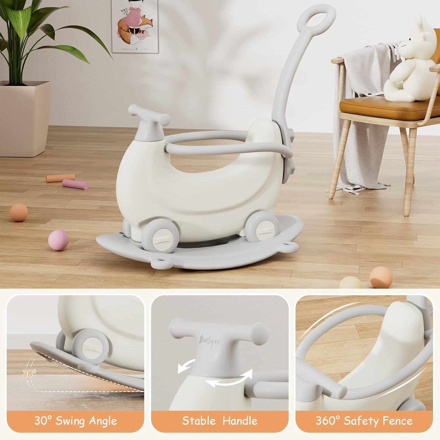 BanaSuper 5-in-1 Kids Rocking Horse Grey Multifunctional Ride-on Toy for Toddlers Trampoline Push Walker Scooter Balance Board Indoor and Outdoor Play Gym Gift for Boys and Girls