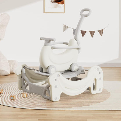 BanaSuper 5-in-1 Kids Rocking Horse Grey Multifunctional Ride-on Toy for Toddlers Trampoline Push Walker Scooter Balance Board Indoor and Outdoor Play Gym Gift for Boys and Girls