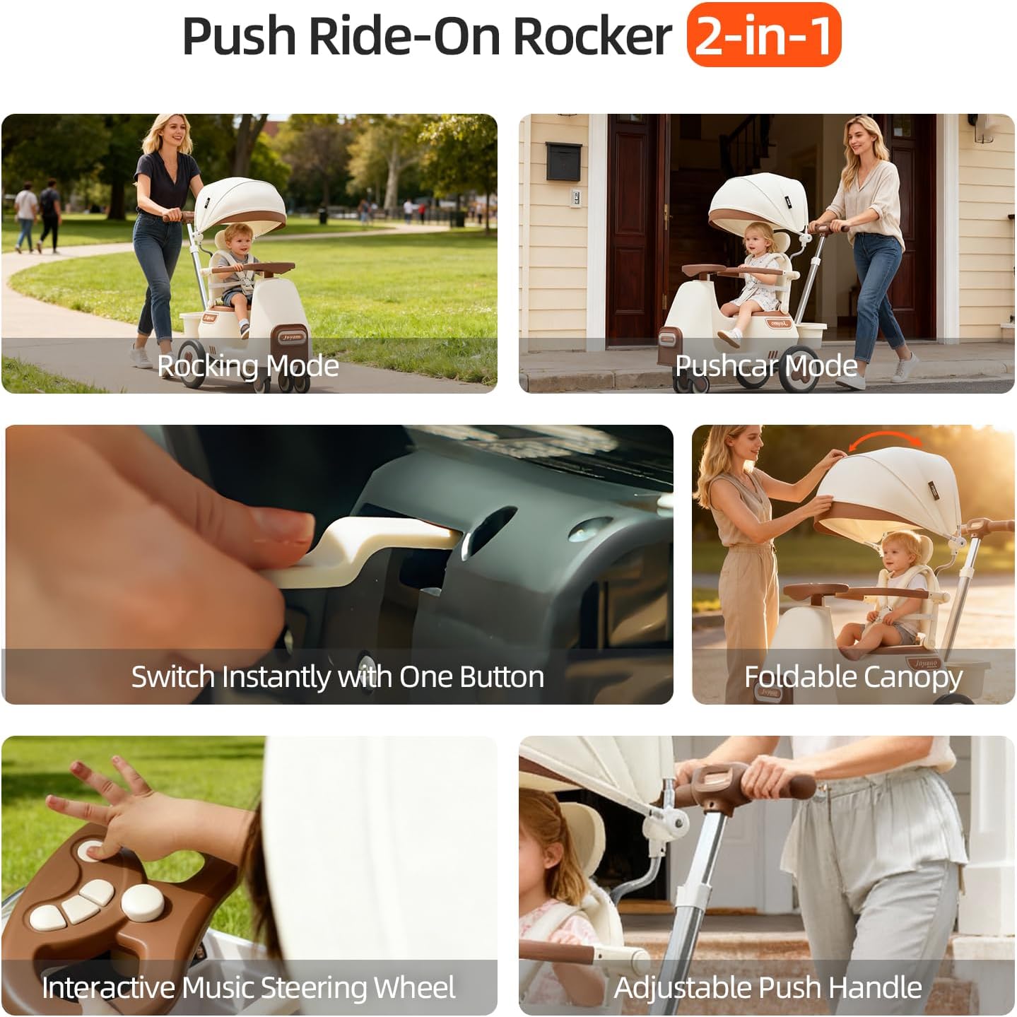 Kid's Rocking Pushchair/Ride-On Parent Push Car with Canopy, Music, Adjustable Handle, and Safety Features for Ages 12-60 Months Cream White with Olive Brown Accents