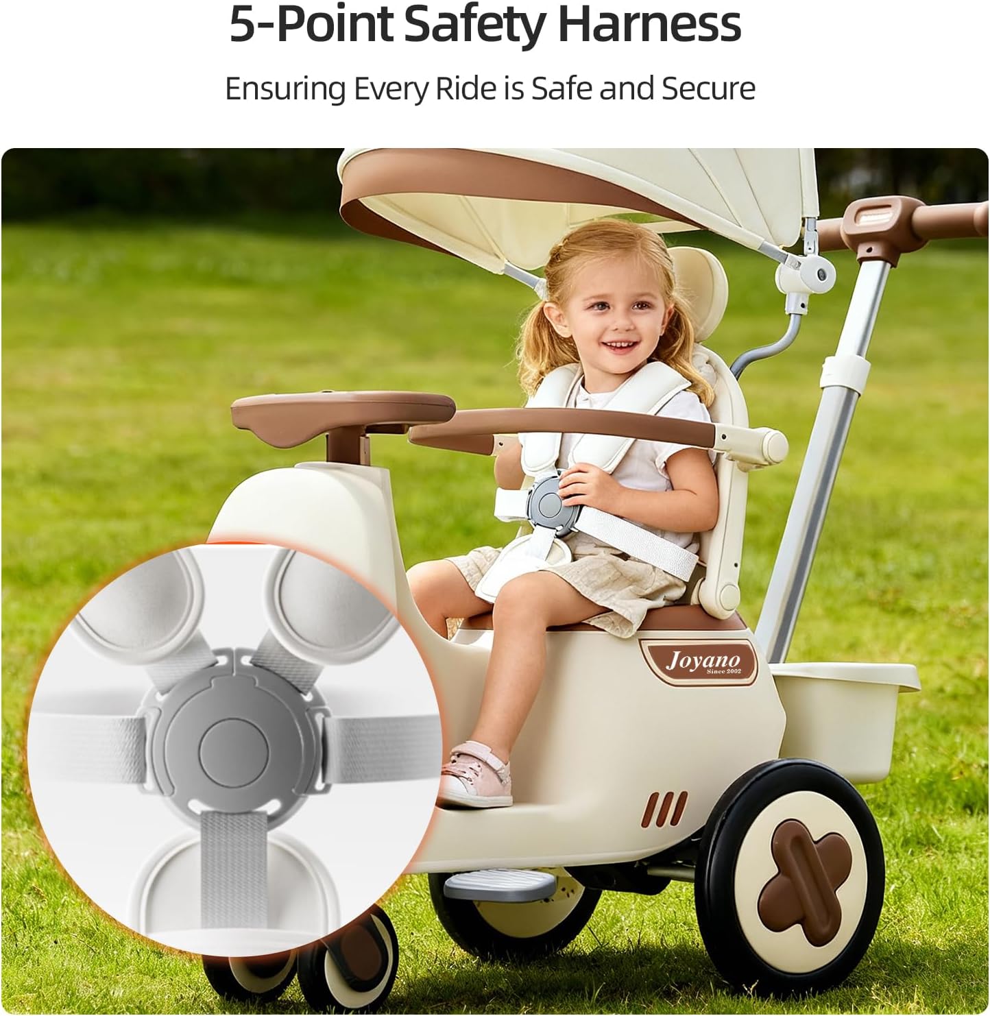 Kid's Rocking Pushchair/Ride-On Parent Push Car with Canopy, Music, Adjustable Handle, and Safety Features for Ages 12-60 Months Cream White with Olive Brown Accents