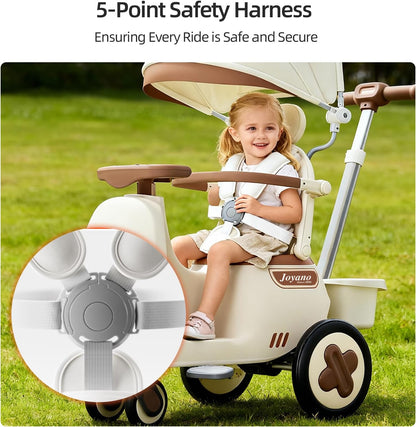 Kid's Rocking Pushchair/Ride-On Parent Push Car with Canopy, Music, Adjustable Handle, and Safety Features for Ages 12-60 Months Cream White with Olive Brown Accents