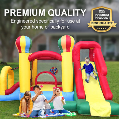 Inflatable Bounce water House with Slide for Kids - Backyard Inflatable Obstacle Course Bouncy House - Circus Balloon Bouncer Complete Setup Includes: Blower, Ground Stakes, Ball Pit Balls, and Storage Bag