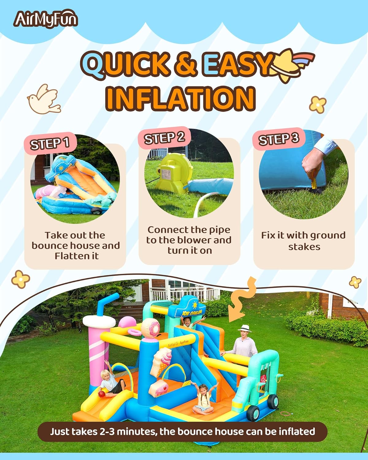 Inflatable Bounce House for Kids 2-15 with Double Slide Ice Cream Theme