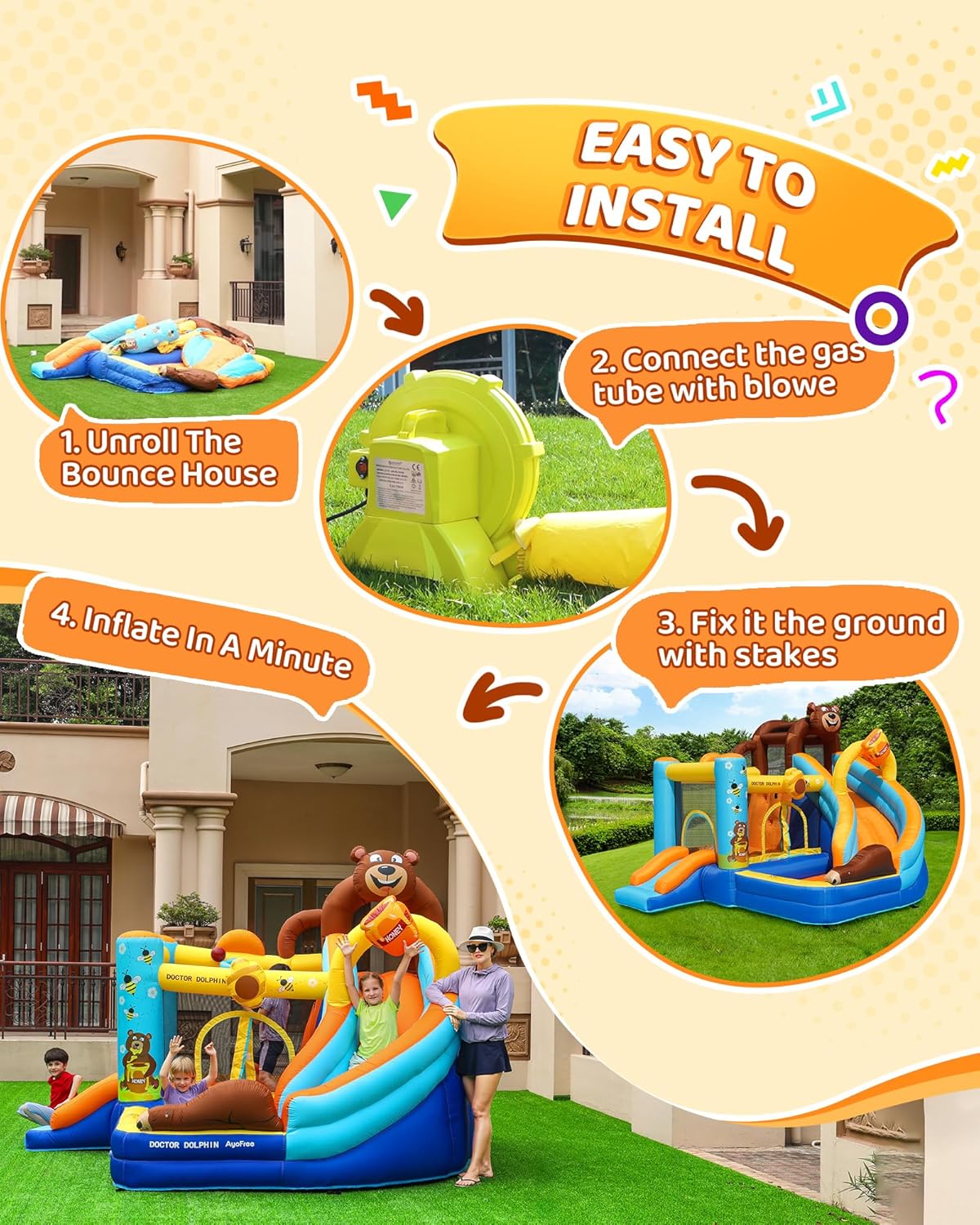 Inflatable Bounce House for Kids Fun, Double Slide Jumping Inflatable Bouncer Blow Up Toddler Bouncy House with Blower Use for Indoor & Outdoor