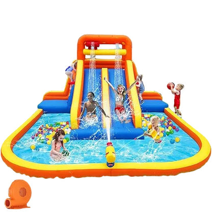 Inflatable Water Slide, Mega Bounce House Water Park with Long Dual Slide, 2 Climbing Walls, 2 Basketball Hoops, Large Splash Pool, 15.6 x 15 x 8.7FT Blow up WaterSlides with Blower