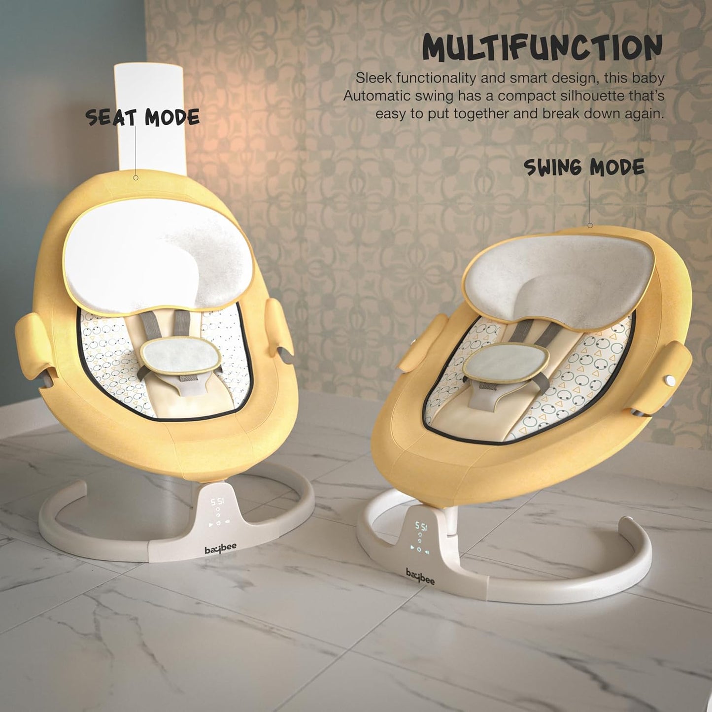 BAYBEE Lullabies Automatic Electric Baby Swing Cradle for Baby with Adjustable Swing Speed, Recline, Remote | Baby Rocker with Mosquito Net, Safety Belt, Music, & Toys | Swing for Baby (Yellow)