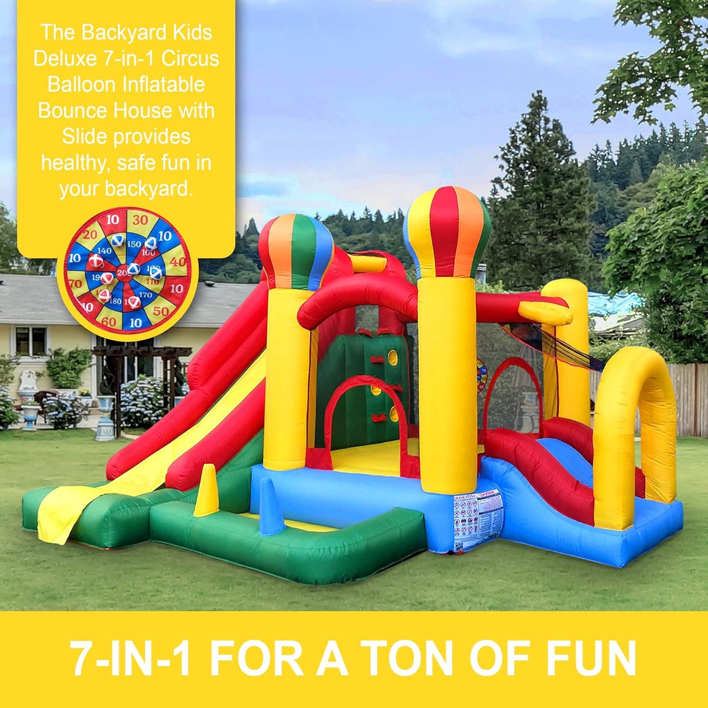 Inflatable Bounce water House with Slide for Kids - Backyard Inflatable Obstacle Course Bouncy House - Circus Balloon Bouncer Complete Setup Includes: Blower, Ground Stakes, Ball Pit Balls, and Storage Bag