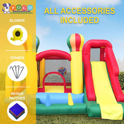 Inflatable Bounce water House with Slide for Kids - Backyard Inflatable Obstacle Course Bouncy House - Circus Balloon Bouncer Complete Setup Includes: Blower, Ground Stakes, Ball Pit Balls, and Storage Bag