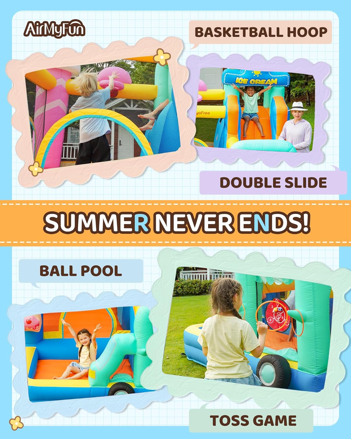 Inflatable Bounce House for Kids 2-15 with Double Slide Ice Cream Theme