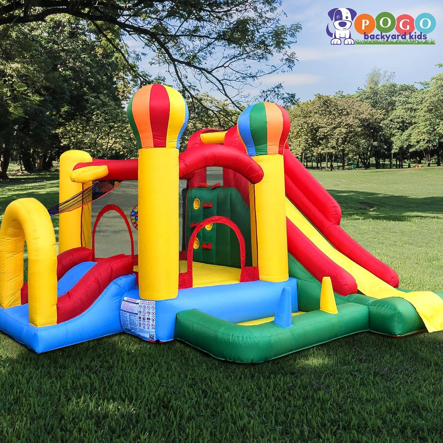 Inflatable Bounce water House with Slide for Kids - Backyard Inflatable Obstacle Course Bouncy House - Circus Balloon Bouncer Complete Setup Includes: Blower, Ground Stakes, Ball Pit Balls, and Storage Bag