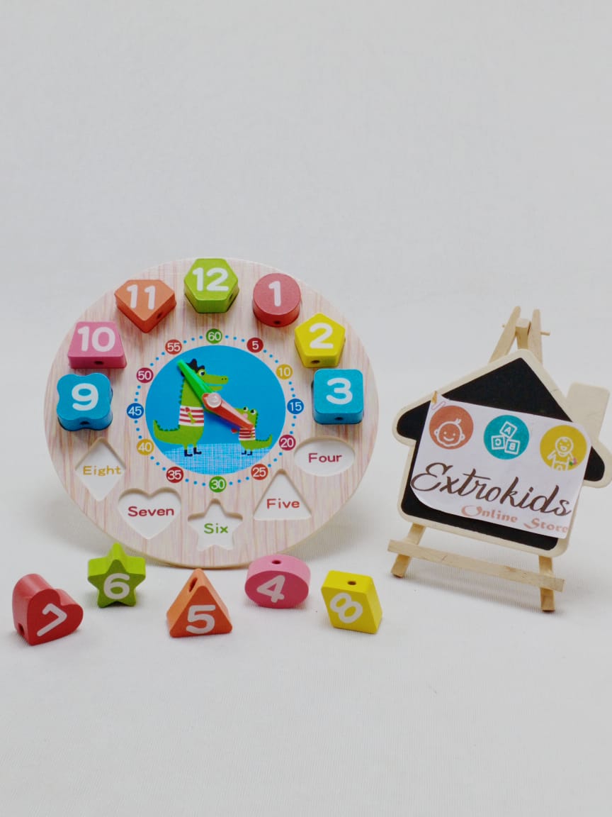 Wooden Seton Toddler Clock with Lacing | Interactive Time-Teaching Toy