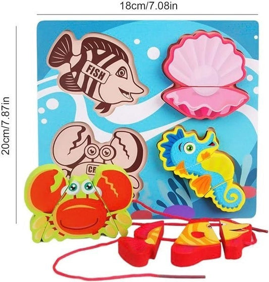 Wooden Chunkey Sea Animal Puzzle With Lacing Board - EKT3327