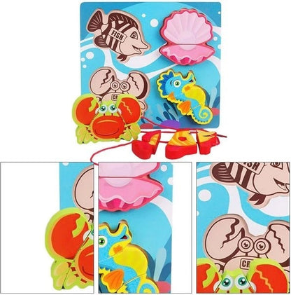Wooden Chunkey Sea Animal Puzzle With Lacing Board - EKT3327