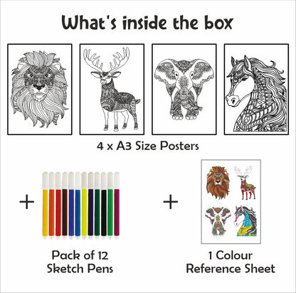 Doodle Coloring Kit - 4 *A3 Size Posters - Animals - EKT3713