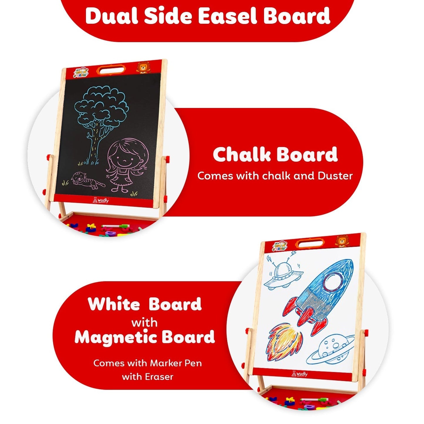 3-in-1 Wooden Easel Board for Kids | Black Surface, White Panel, Chalk Writing Display - EKT3824